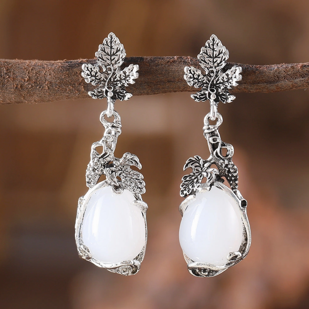 Wholesale Palace Style Grape Vine Leaves Inlaid Opal Pendant Literary Retro Niche Simple Earrings