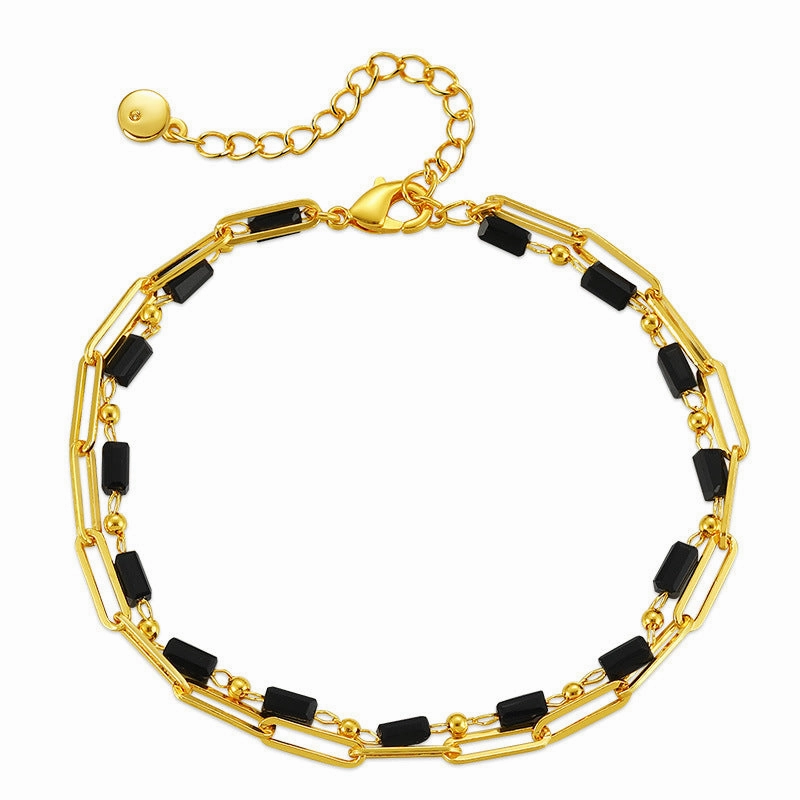 Wholesale Paper Clip Chain Black Glass Diamond Multi-layer Copper Plated 18K Real Gold Bracelet