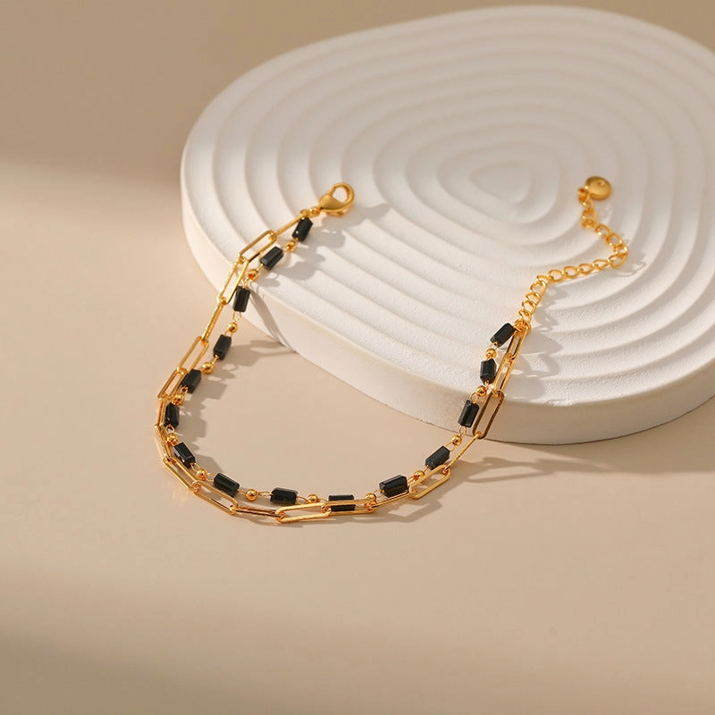 Wholesale Paper Clip Chain Black Glass Diamond Multi-layer Copper Plated 18K Real Gold Bracelet