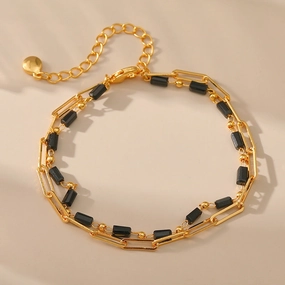 Wholesale Paper Clip Chain Black Glass Diamond Multi-layer Copper Plated 18K Real Gold Bracelet