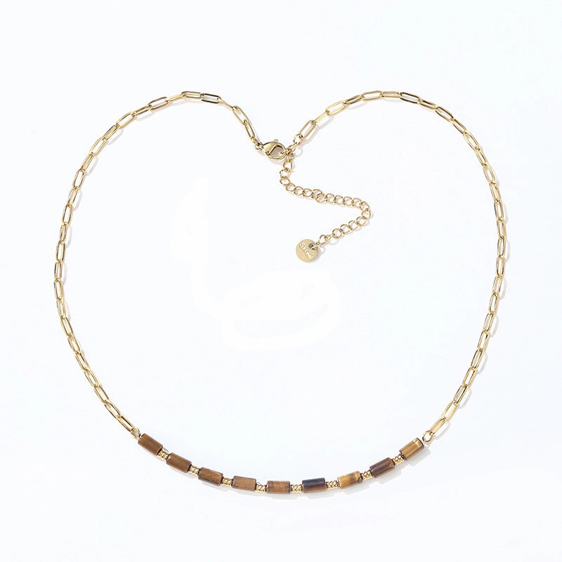 Wholesale Paper Clip Chain Tiger Eye Blue Gold Stone Stainless Steel Neckplaces