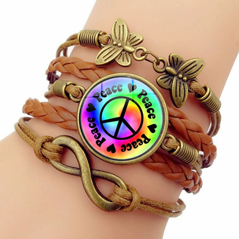 Wholesale Peace Sign Time Stone Butterfly Hand Woven alloy Bracelet