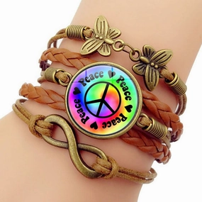 Wholesale Peace Sign Time Stone Butterfly Hand Woven alloy Bracelet
