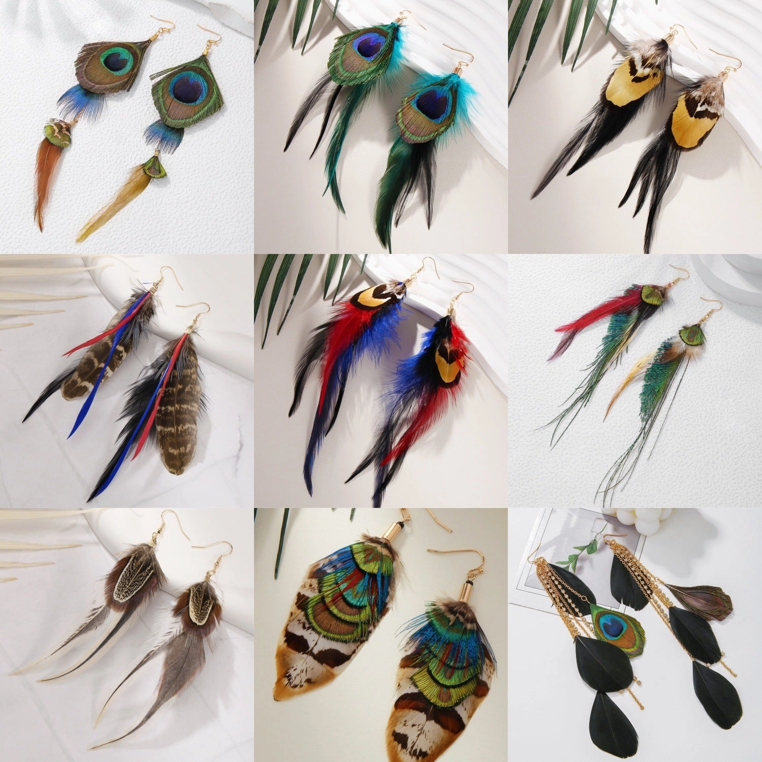 Wholesale Peacock Feather Bohemian Antique Tassel Earrings