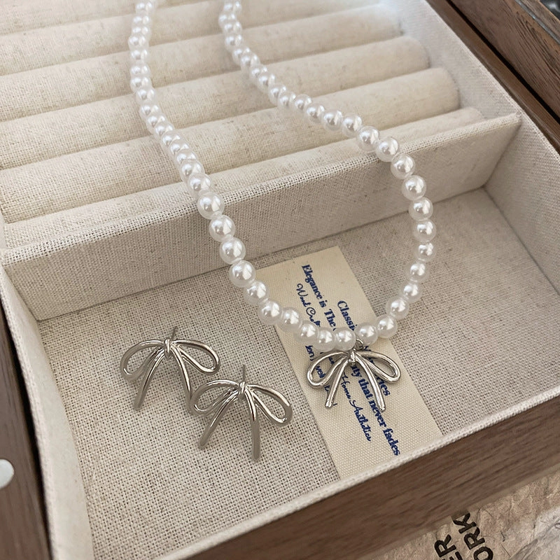 Wholesale Pearl Bow Beaded Necklace Versatile Earrings