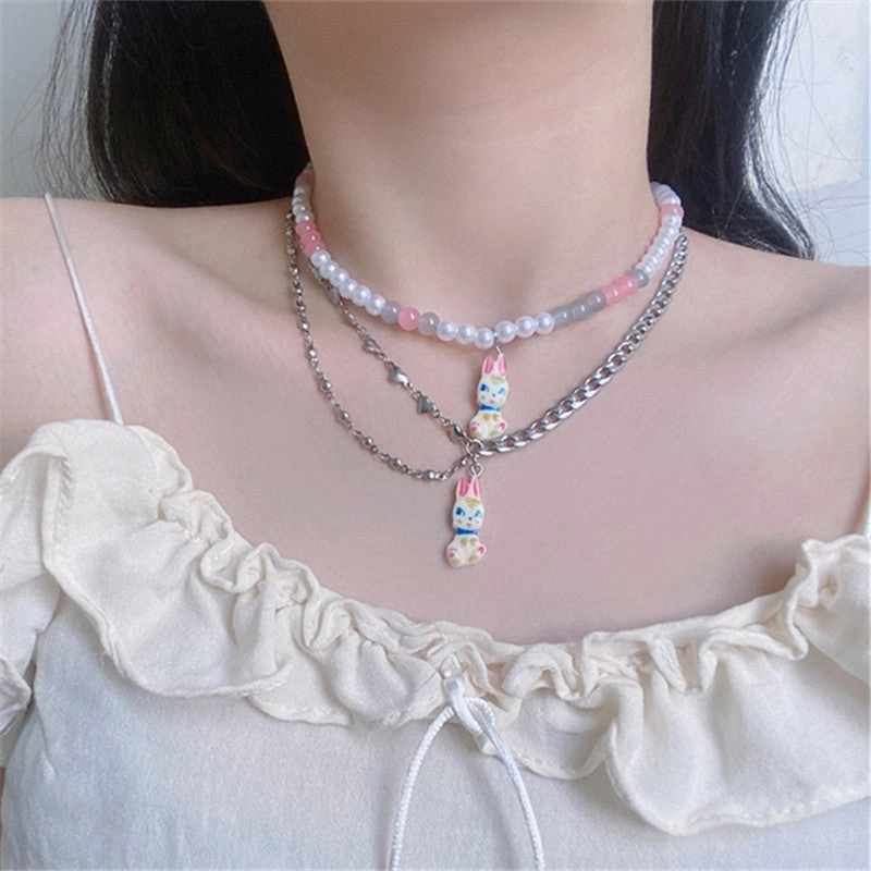 Wholesale Pearl Bunny Titanium Steel Necklaces