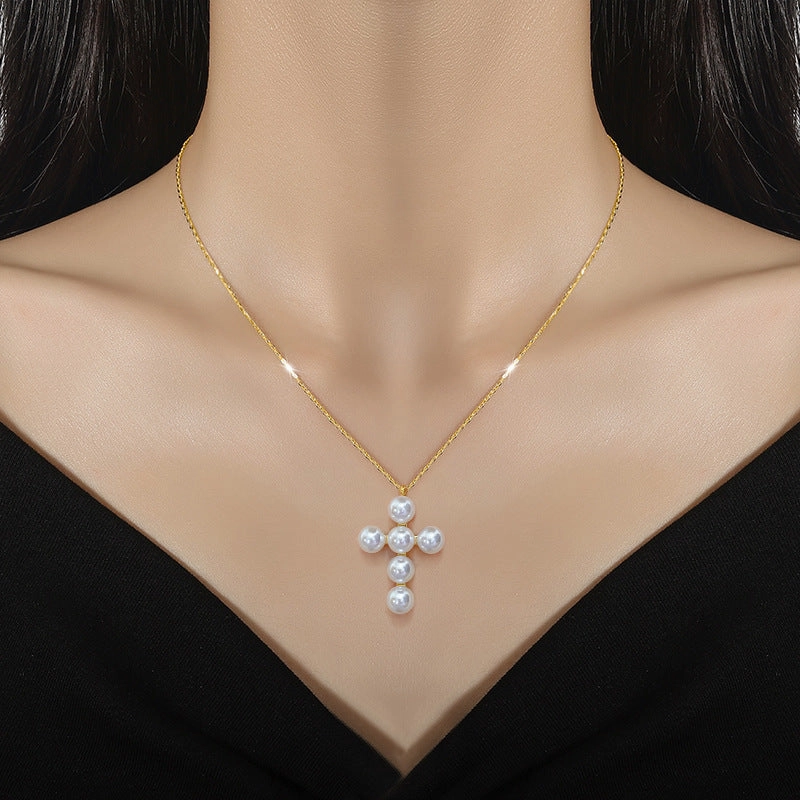 Wholesale Pearl Cross Collarbone Titanium Steel Necklace