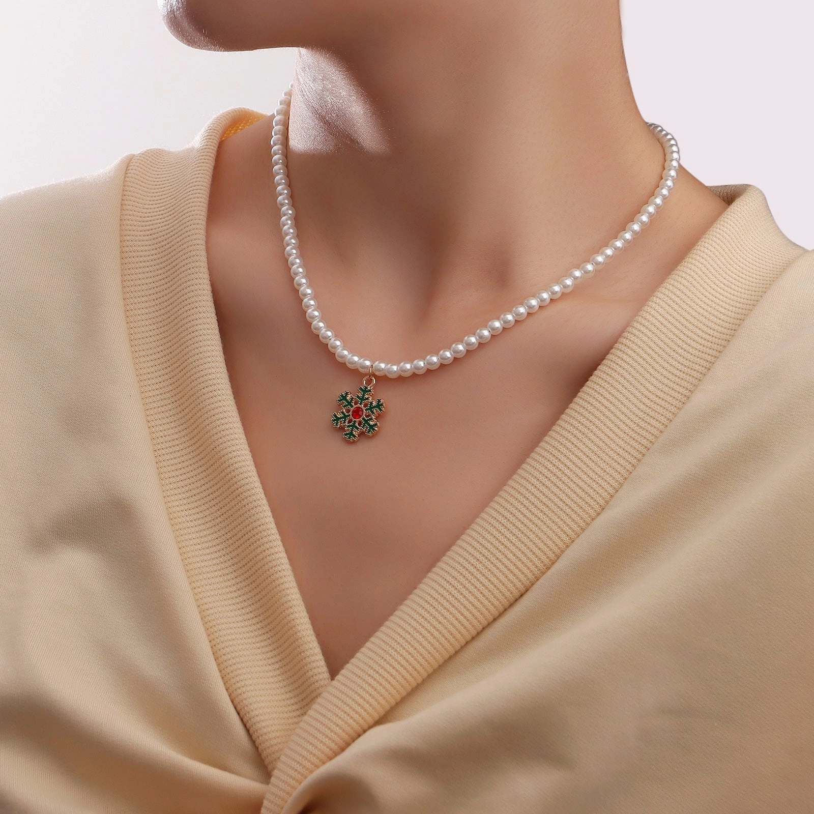 Wholesale Pearl Drop Oil Snowflake Bell Christmas Tree Necklace Sweater Chain