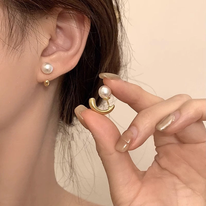 Wholesale Pearl Earrings Silver Post Front and Back Buckle Geometric Earrings