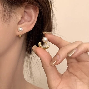 Wholesale Pearl Earrings Silver Post Front and Back Buckle Geometric Earrings