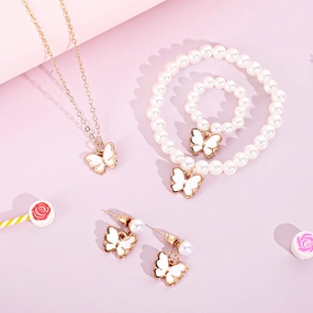 Wholesale Pearl Kids Jewelry Set Drip Oil Pink Little Butterfly Necklaces