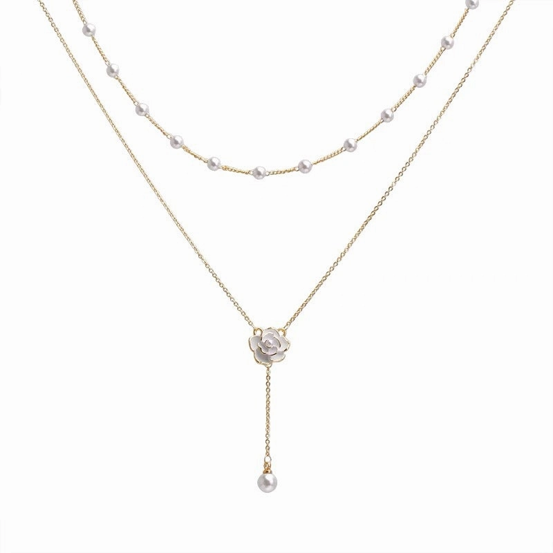 Wholesale Pearl Necklace Double Layer Camellia Sweater Chain Clavicle Chain