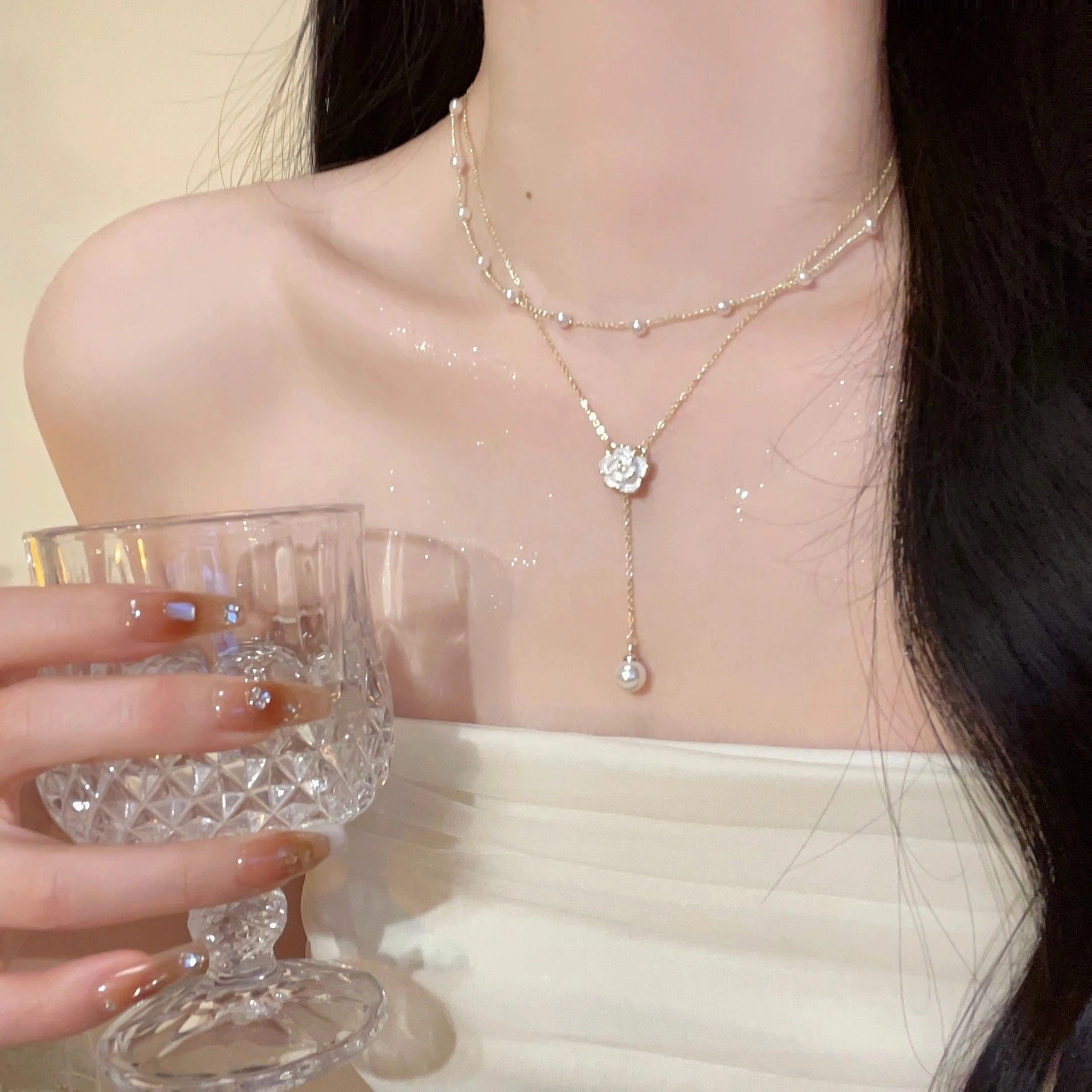 Wholesale Pearl Necklace Double Layer Camellia Sweater Chain Clavicle Chain