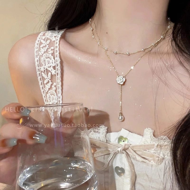 Wholesale Pearl Necklace Double Layer Camellia Sweater Chain Clavicle Chain