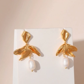 Wholesale Pearl S925 Silver Needle Leaf Plated 18K Real Gold Earrings