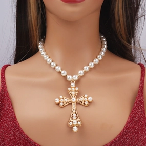 Wholesale Pearl Sweet Cool Dark Style Cross Pendant Clavicle Necklace