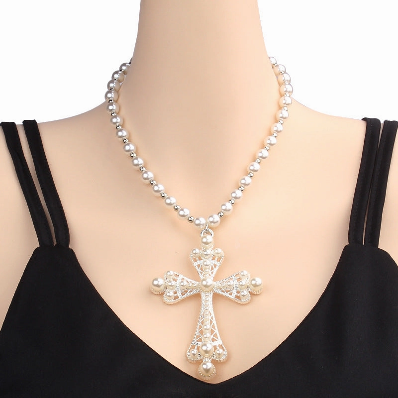 Wholesale Pearl Sweet Cool Dark Style Cross Pendant Clavicle Necklace
