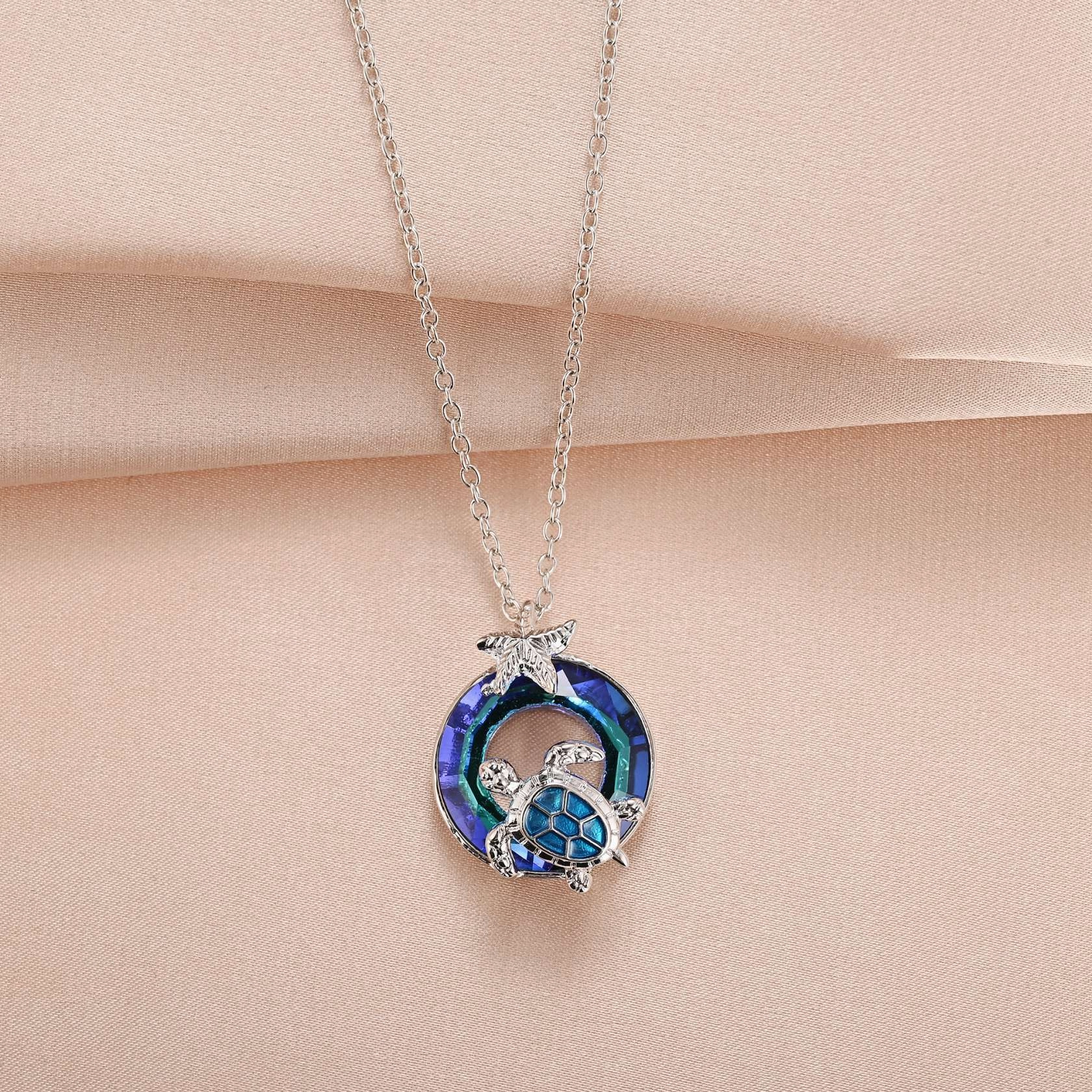 Wholesale  pendant round turtle starfish glass crystal necklace turtle clavicle chain