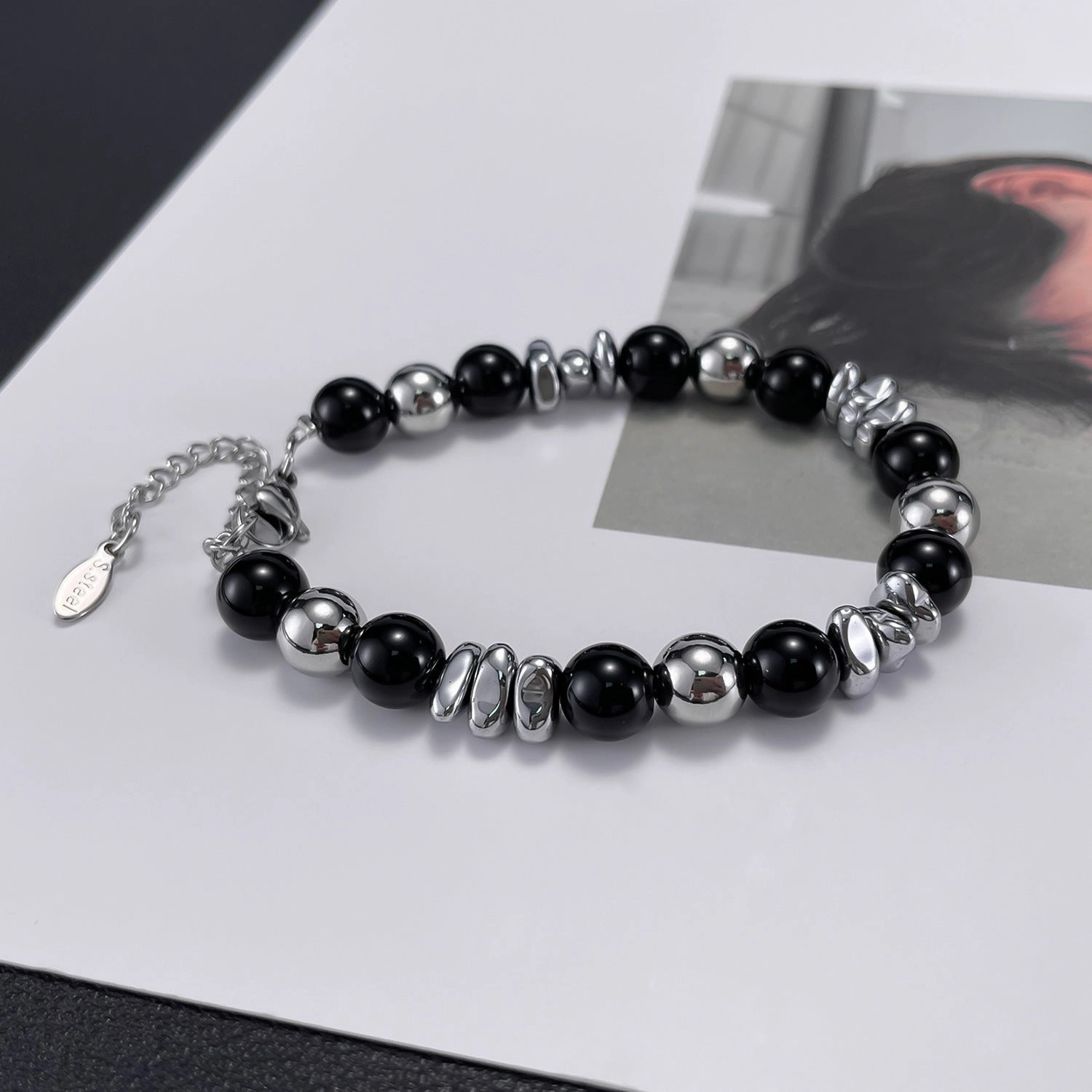 Wholesale Personality Fashion All-match Black Agate Stainless Steel Bracelet