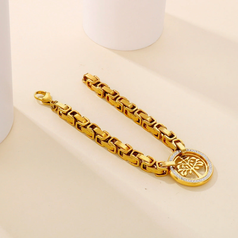 Wholesale Personalized Exaggerated Monolithic Chain Titanium Steel Full Diamond Hollow Tree of Life Christmas Bracelet