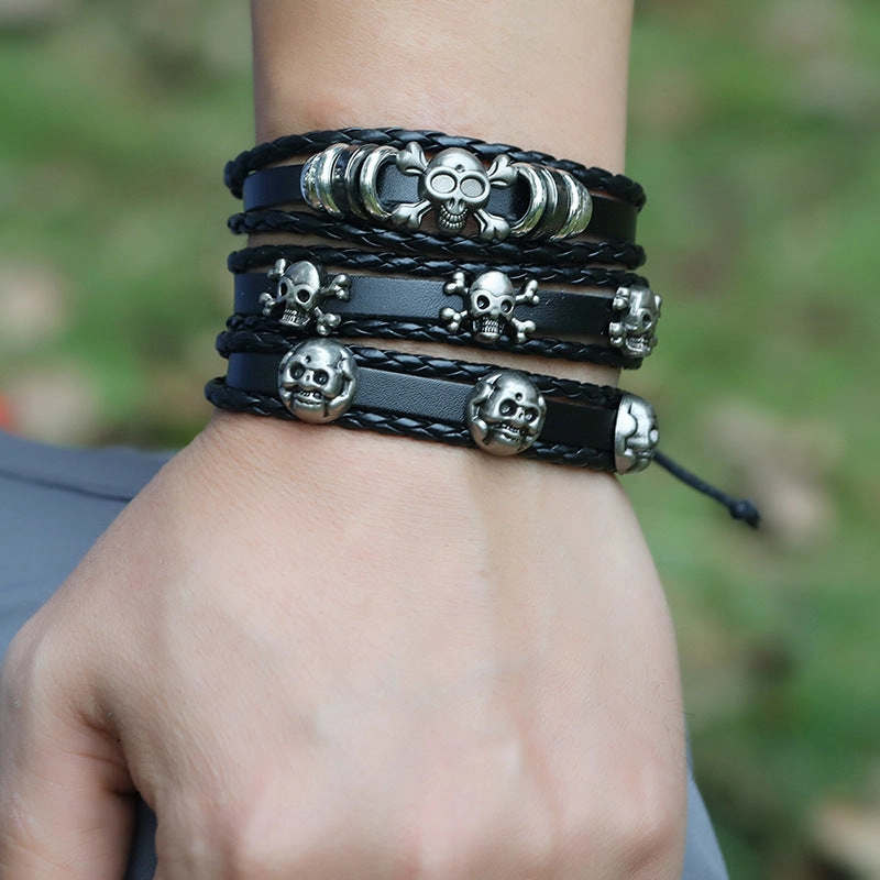 Wholesale personalized handmade beaded leather bracelet diy set skull halloween bracelet