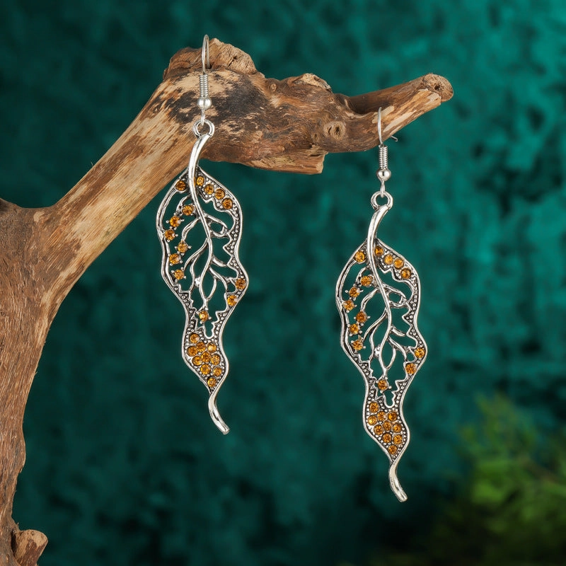 Wholesale Personalized Long Leaf Simple Inlaid AB Color Diamond Earrings