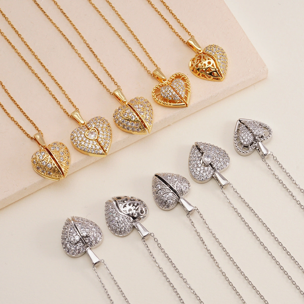 Wholesale Personalized opening and closing copper zircon heart-shaped wing clavicle necklace