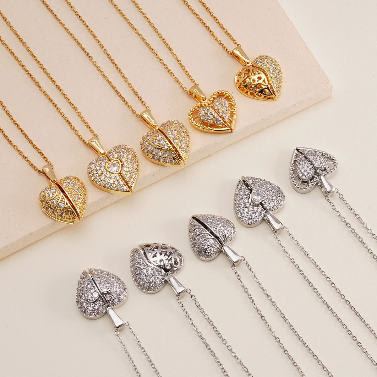 Wholesale Personalized opening and closing copper zircon heart-shaped wing clavicle necklace