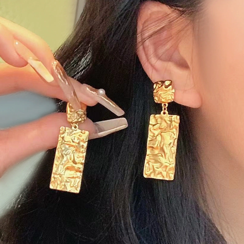 Wholesale Personalized Retro Design Titanium Steel Gold-plated Long Square Pleated Earrings