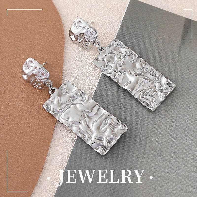 Wholesale Personalized Retro Design Titanium Steel Gold-plated Long Square Pleated Earrings