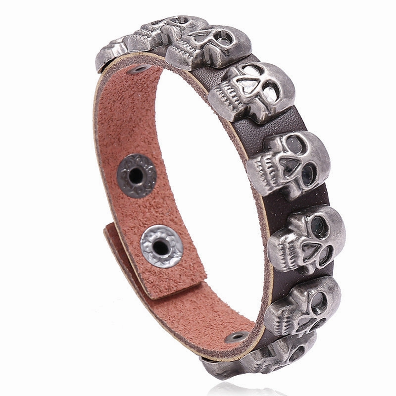 Wholesale personalized skull cowhide bracelet hiphop men's ghost head Halloween bracelet