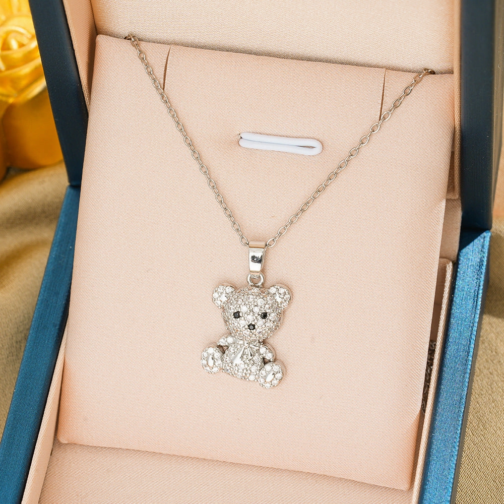 Wholesale Personalized three-dimensional bear titanium steel full diamond necklace