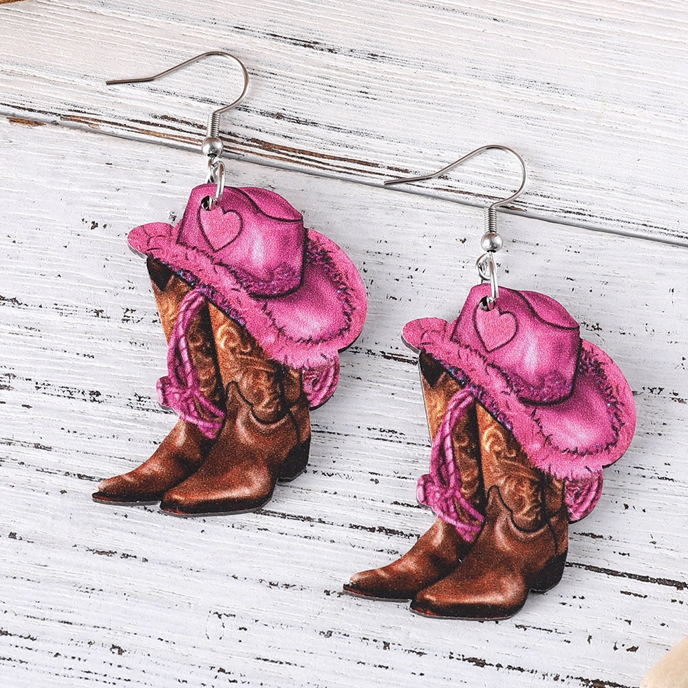 Wholesale Pink Denim Hat Cowboy Boots Pendant Earrings