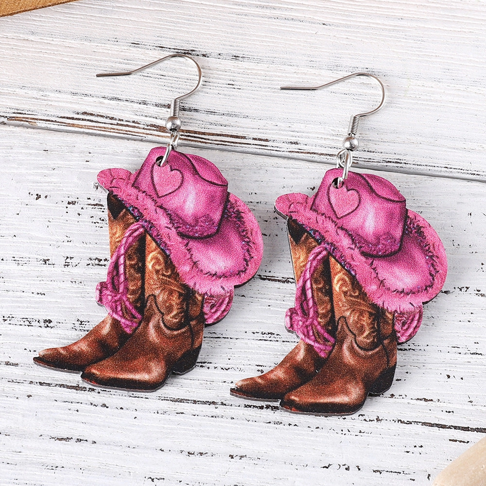 Wholesale Pink Denim Hat Cowboy Boots Pendant Earrings