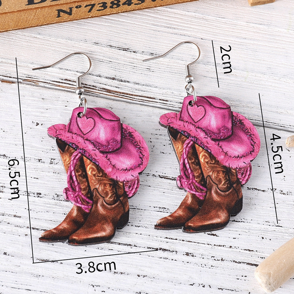 Wholesale Pink Denim Hat Cowboy Boots Pendant Earrings