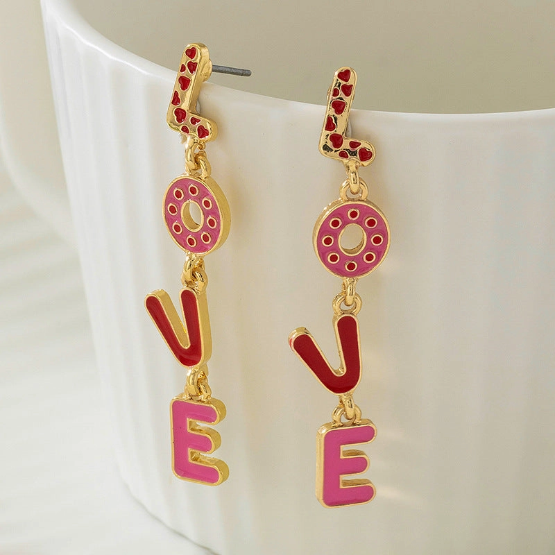 Wholesale Pink Dropping Oil Love English Letter Earrings Fashion Geometric Long Valentine's Day Love Earrings