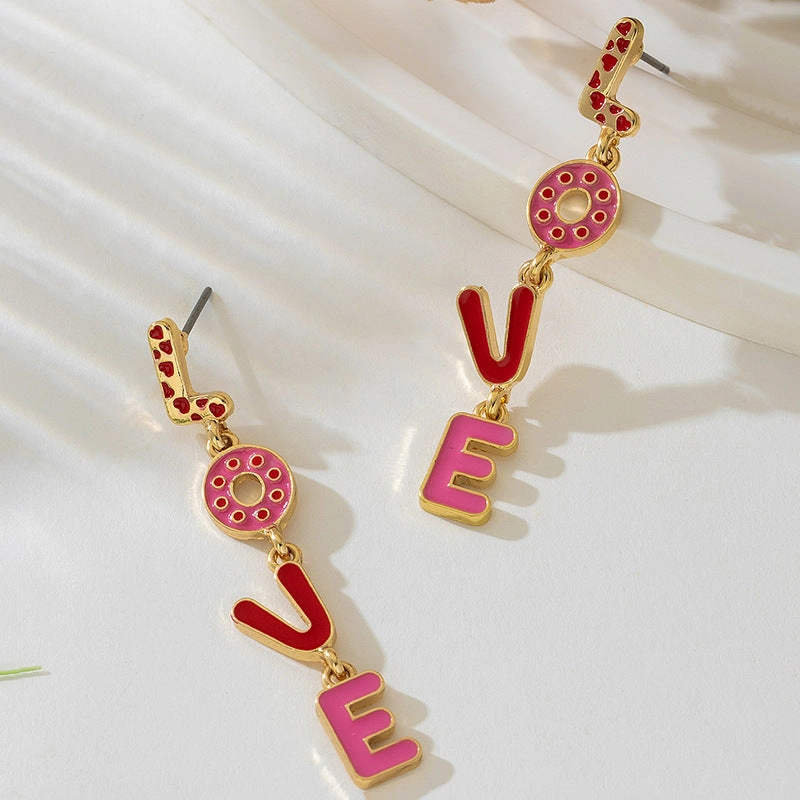Wholesale Pink Dropping Oil Love English Letter Earrings Fashion Geometric Long Valentine's Day Love Earrings
