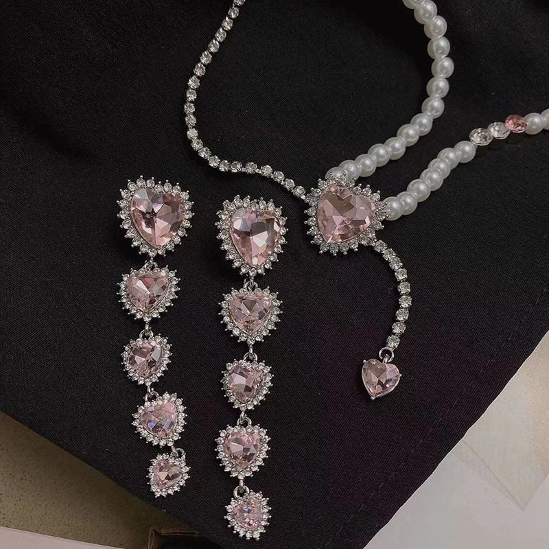 Wholesale Pink Love Gem Pearl Necklace Set
