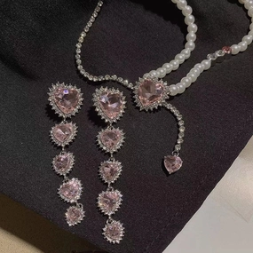 Wholesale Pink Love Gem Pearl Necklace Set