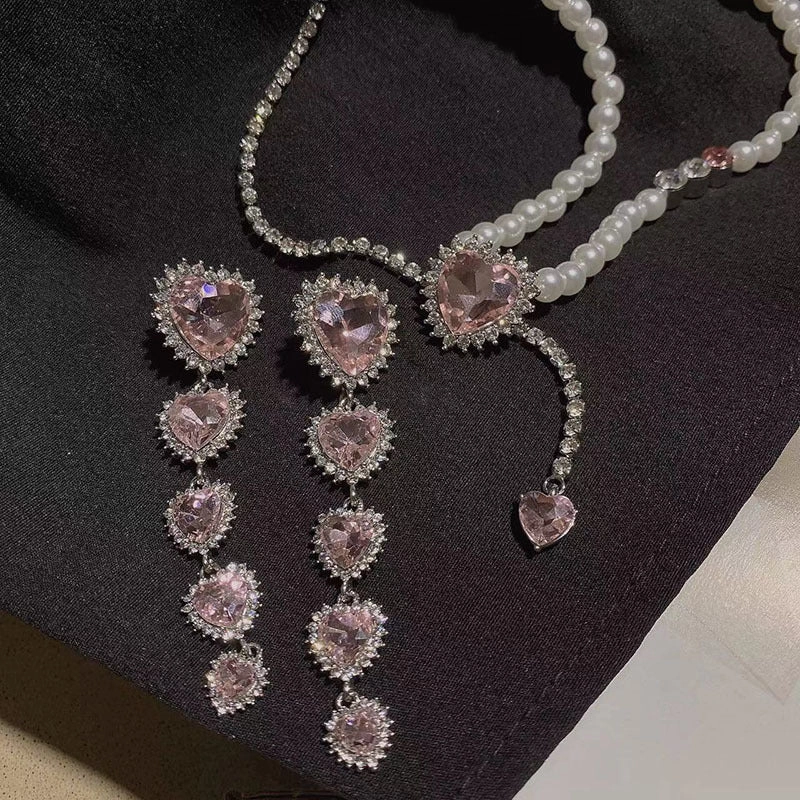 Wholesale Pink Love Gem Pearl Necklace Set