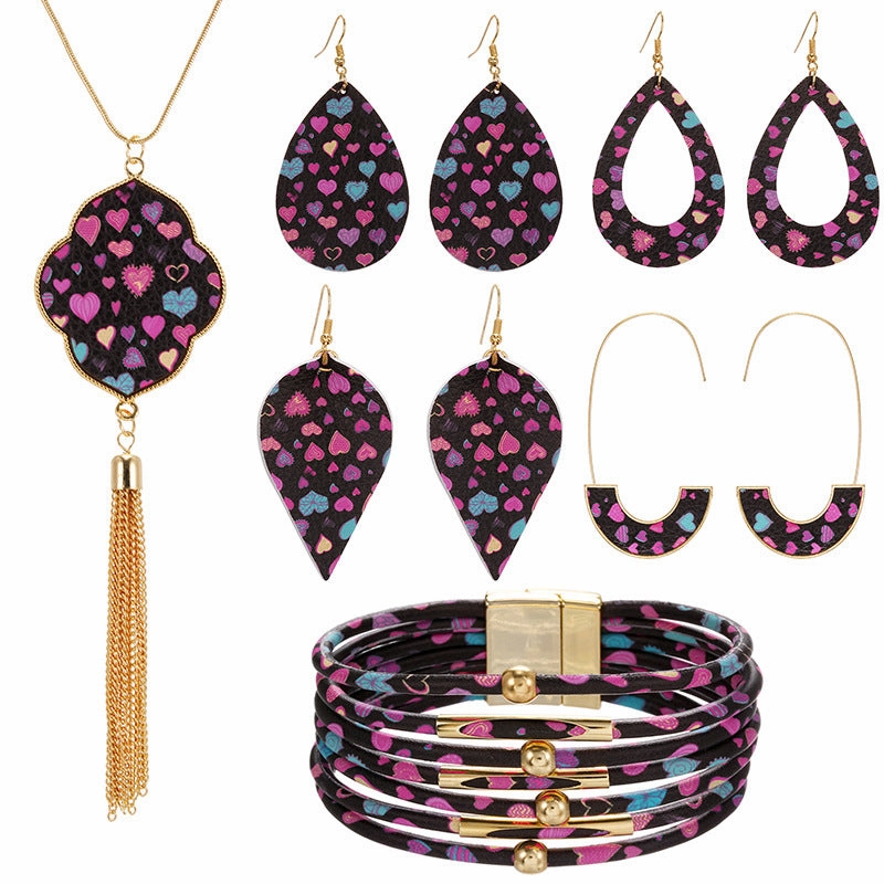 Wholesale Pink Love Series Leather Earring Alloy Bracelet Set