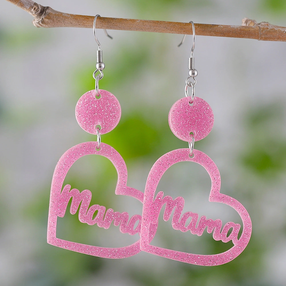 Wholesale Pink MAMA hollow heart disc double-sided earrings