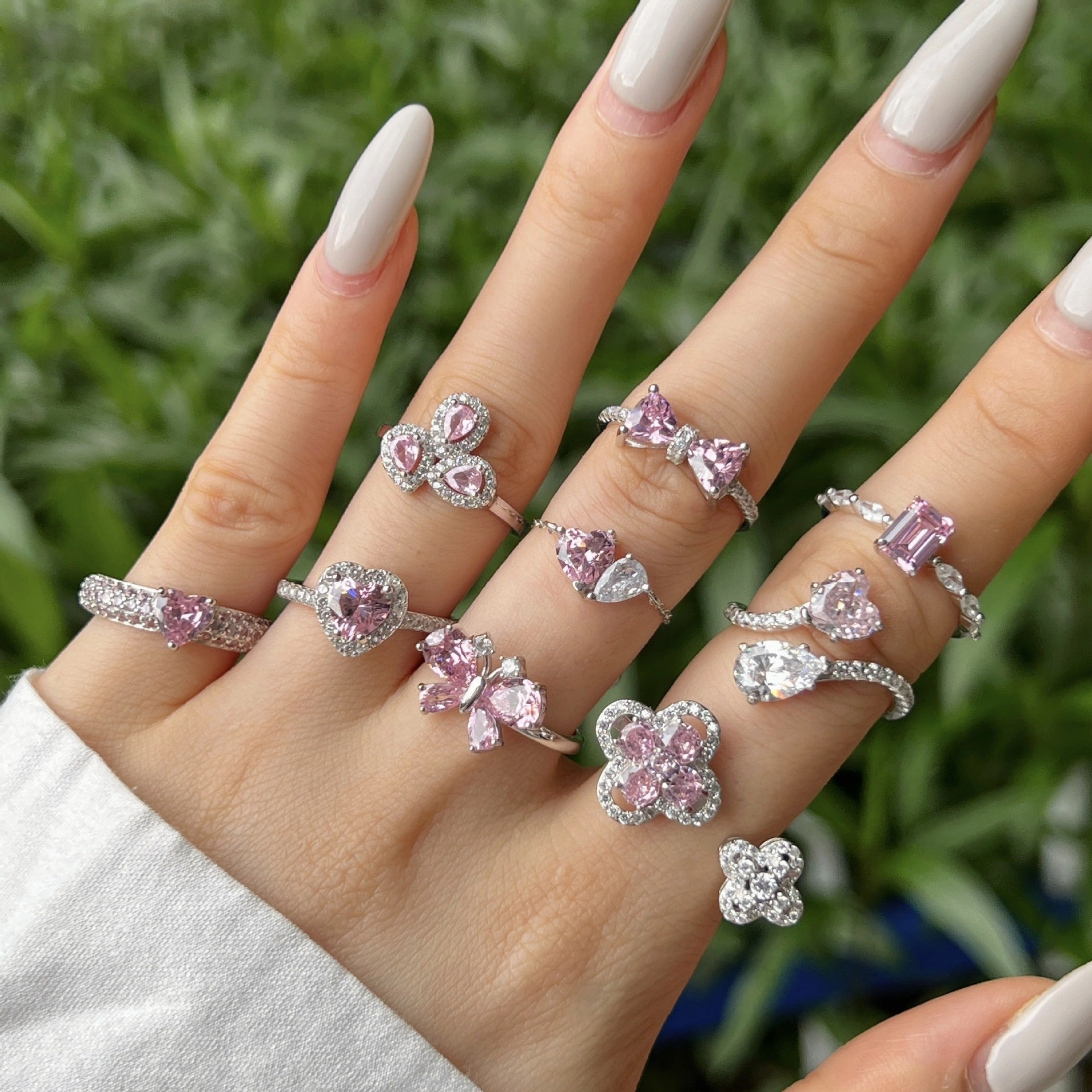 Wholesale Pink Series S925 Sterling Silver Love Butterfly Four-Leaf Clover Zircon Ring