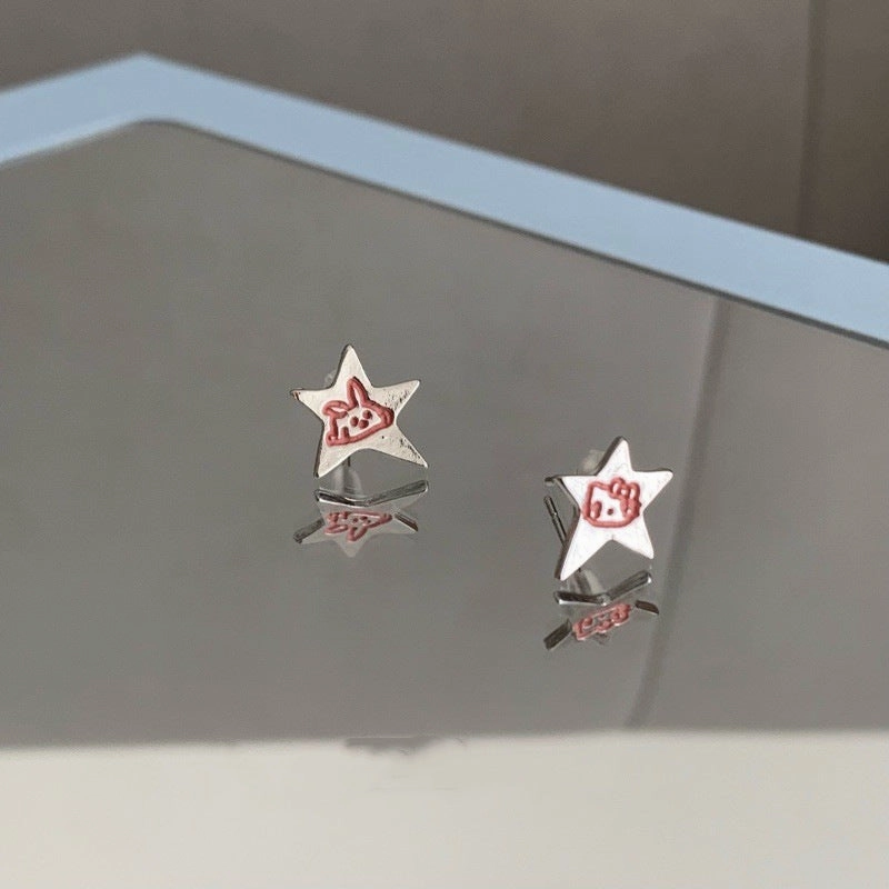 Wholesale Pink silver star rabbit ear clip women's new unique niche design earrings