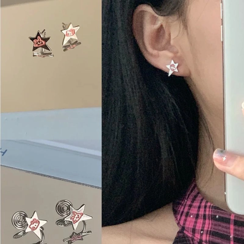 Wholesale Pink silver star rabbit ear clip women's new unique niche design earrings