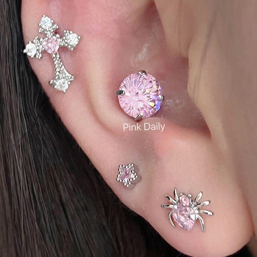 Wholesale Pink zircon cross ear bone studs titanium steel butterfly cochlear studs