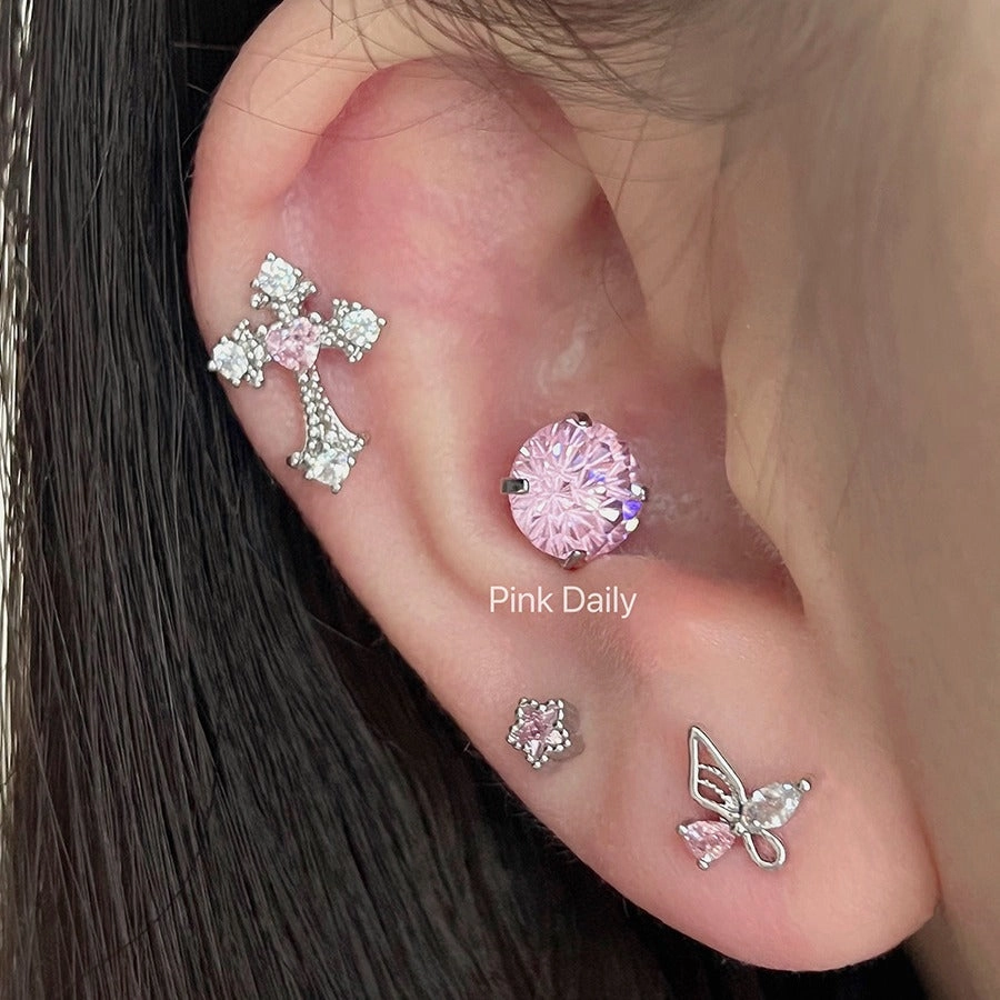 Wholesale Pink zircon cross ear bone studs titanium steel butterfly cochlear studs