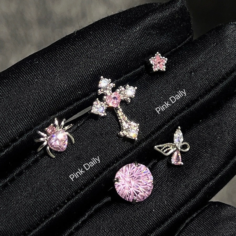 Wholesale Pink zircon cross ear bone studs titanium steel butterfly cochlear studs