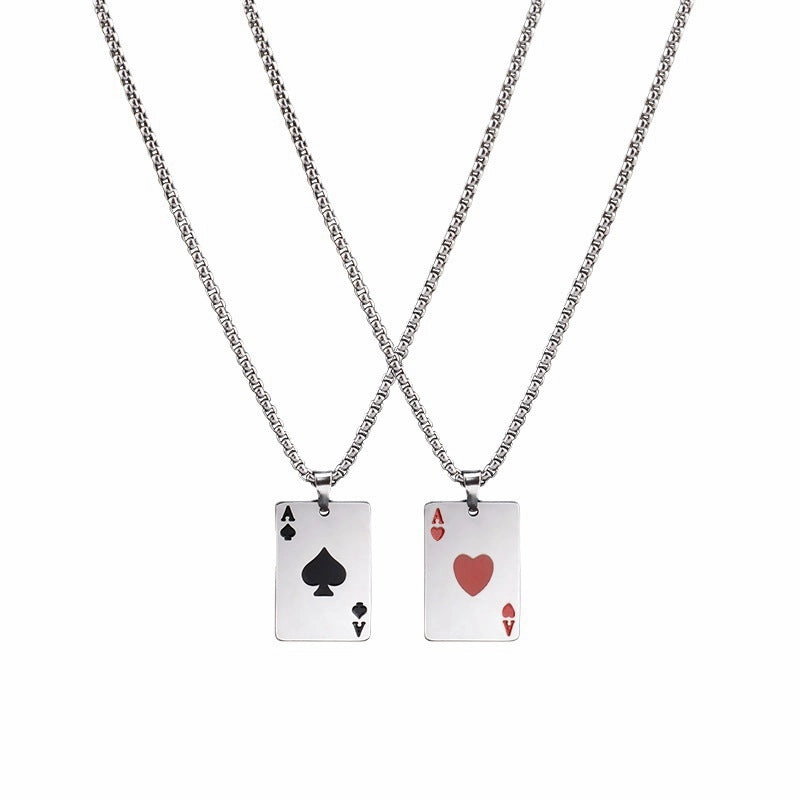 Wholesale Poker Ace of Hearts and Spades Titanium Steel Necklace