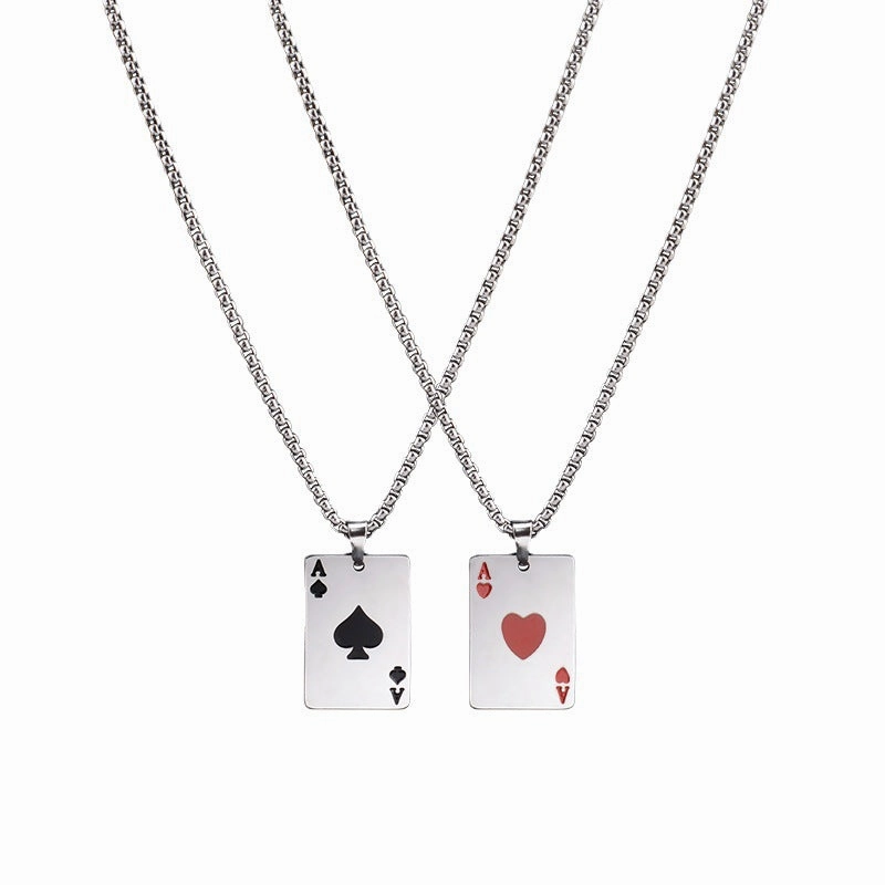 Wholesale Poker Ace of Hearts and Spades Titanium Steel Necklace